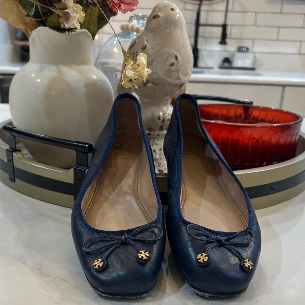 Tory Burch Navy Leather Ballet Flats with Gold Logo Charms